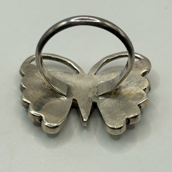 Sterling Silver Turquoise & Coral Chip Butterfly Ring Size 6.75 - Picture 5 of 7